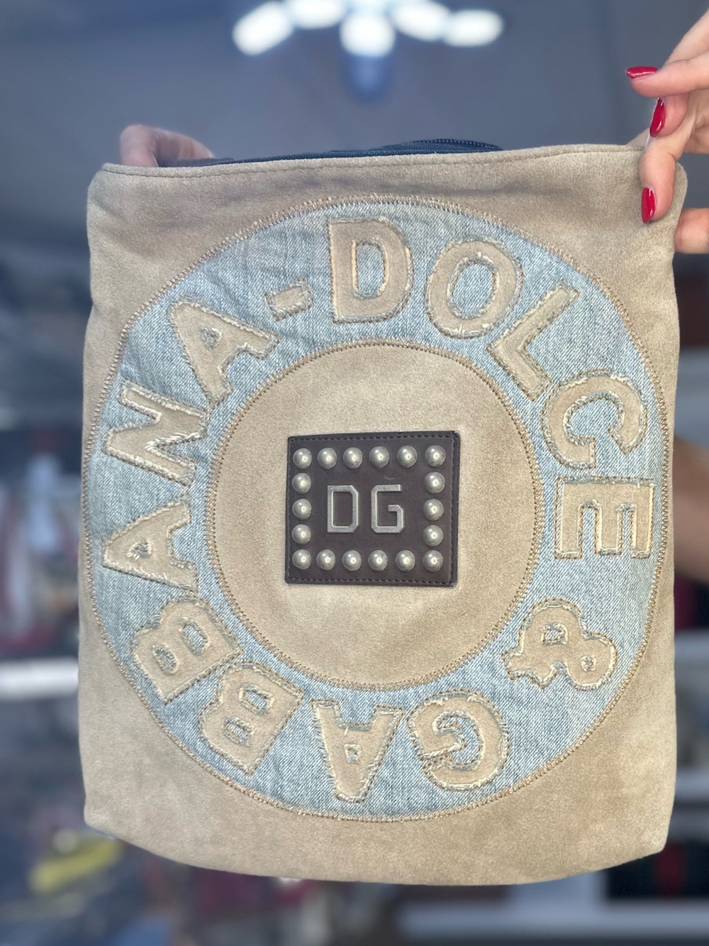 Dolce & Gabbana Beige Suede and Light Blue Denim Logo Pouch